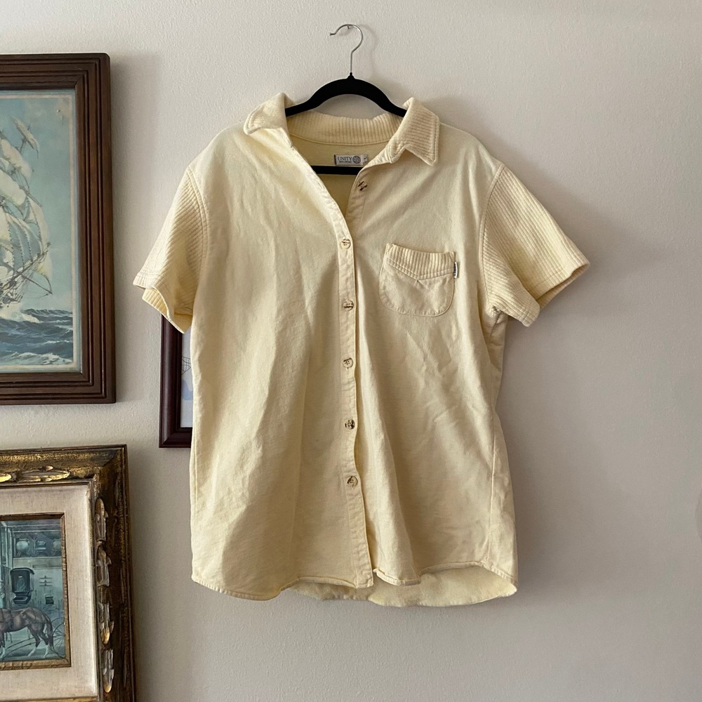Vintage Two Piece Shirt Pants Butter Yellow Set Large Loungewear Cotton Coastal - Picture 4 of 7